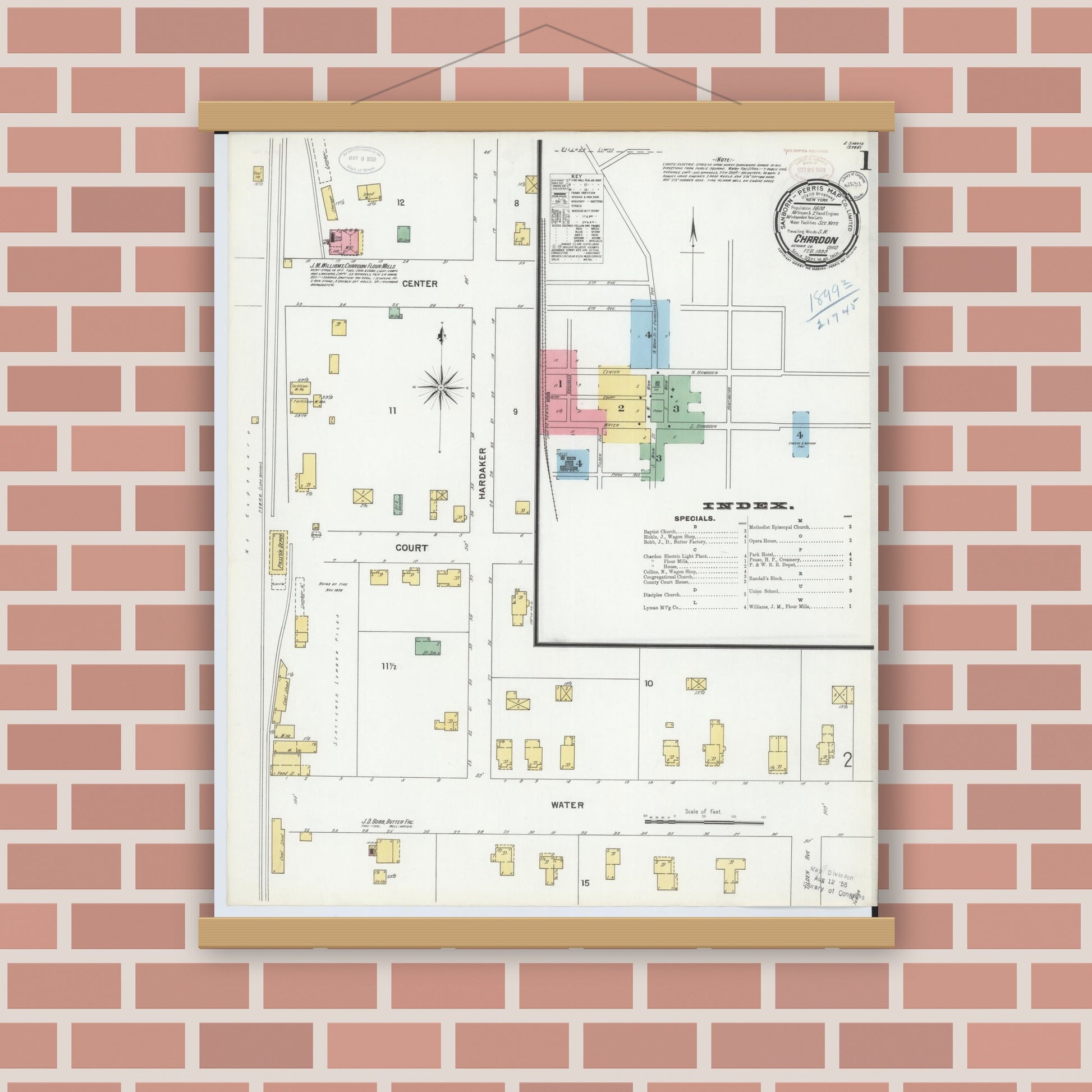 Old map wall art mockup — magnetic wood frame on brick wall — Sanborn Fire Insurance Map from Chardon, Geauga County, Ohio (1899), Sheet #0001