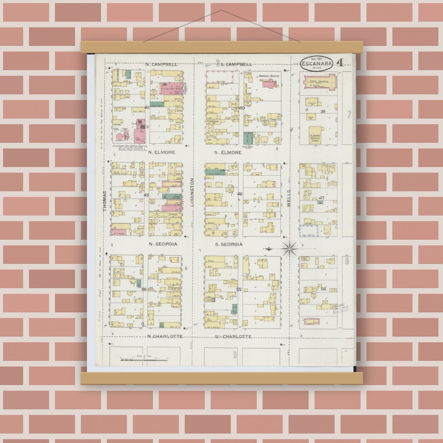 Old map wall art mockup — magnetic wood frame on brick wall — Sanborn Fire Insurance Map from Escanaba, Delta County, Michigan (1893), Sheet #0004