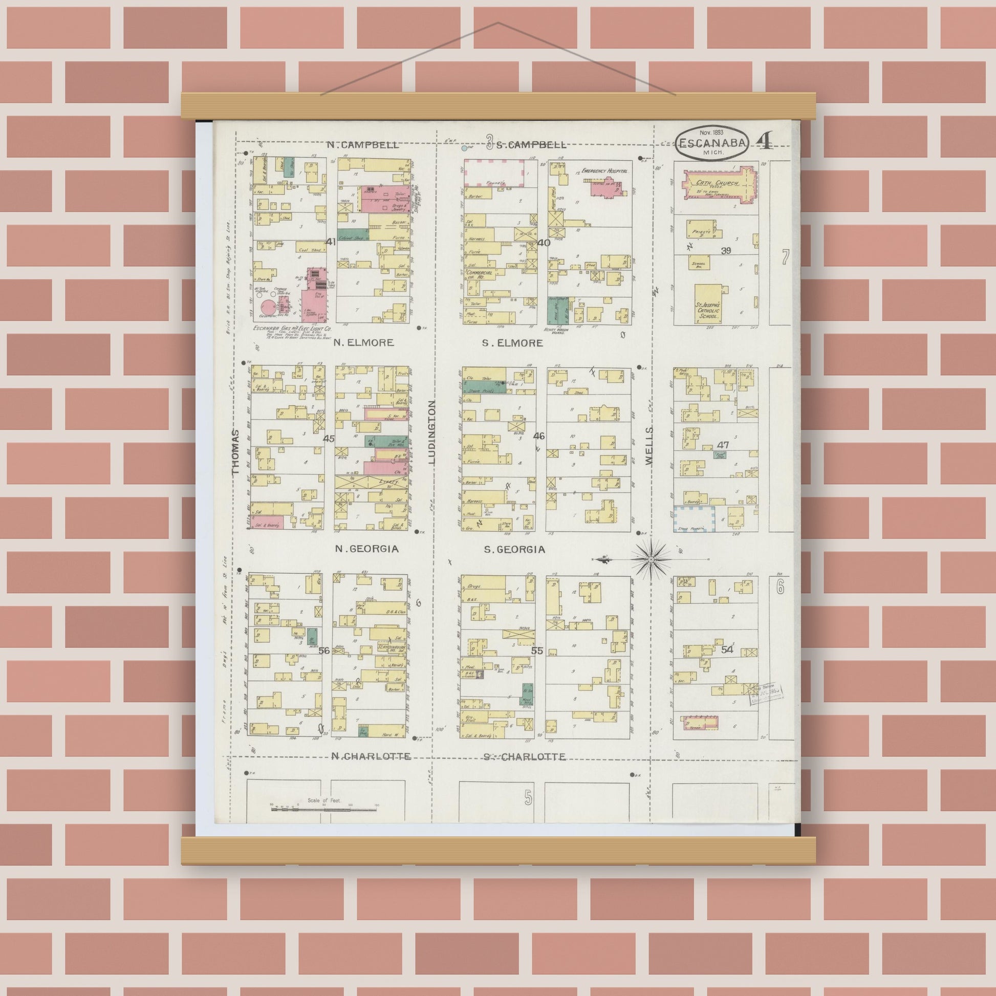 Old map wall art mockup — magnetic wood frame on brick wall — Sanborn Fire Insurance Map from Escanaba, Delta County, Michigan (1893), Sheet #0004