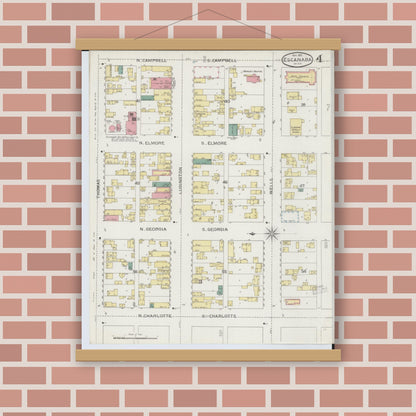 Old map wall art mockup — magnetic wood frame on brick wall — Sanborn Fire Insurance Map from Escanaba, Delta County, Michigan (1893), Sheet #0004