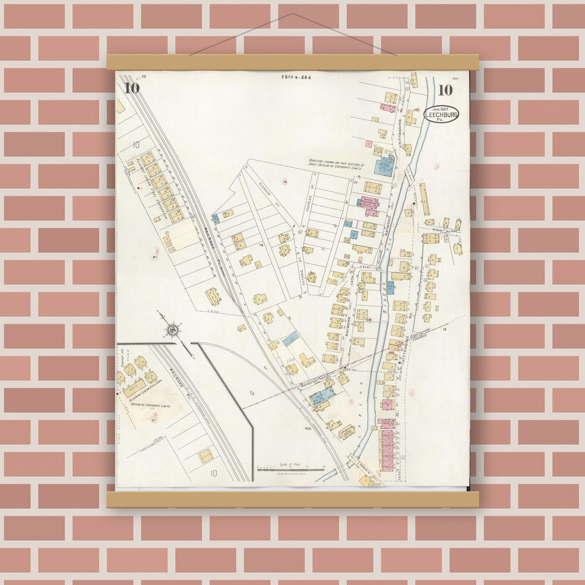 Old map wall art mockup — magnetic wood frame on brick wall — Sanborn Fire Insurance Map from Leechburg, Armstrong County, Pennsylvania (1943), Sheet #0010