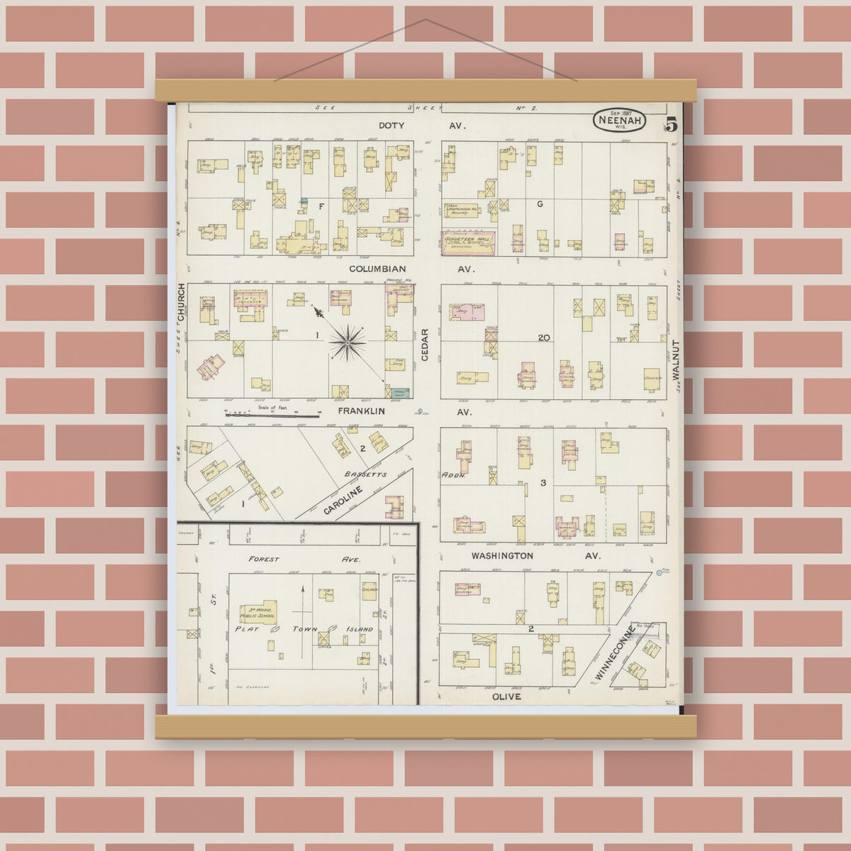 Old map wall art mockup — magnetic wood frame on brick wall — Sanborn Fire Insurance Map from Neenah, Winnebago County, Wisconsin (1887), Sheet #0005
