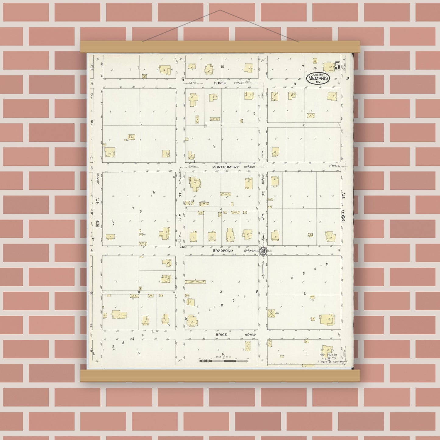 Old map wall art mockup — magnetic wood frame on brick wall — Sanborn Fire Insurance Map from Memphis, Hall County, Texas (1914), Sheet #0005