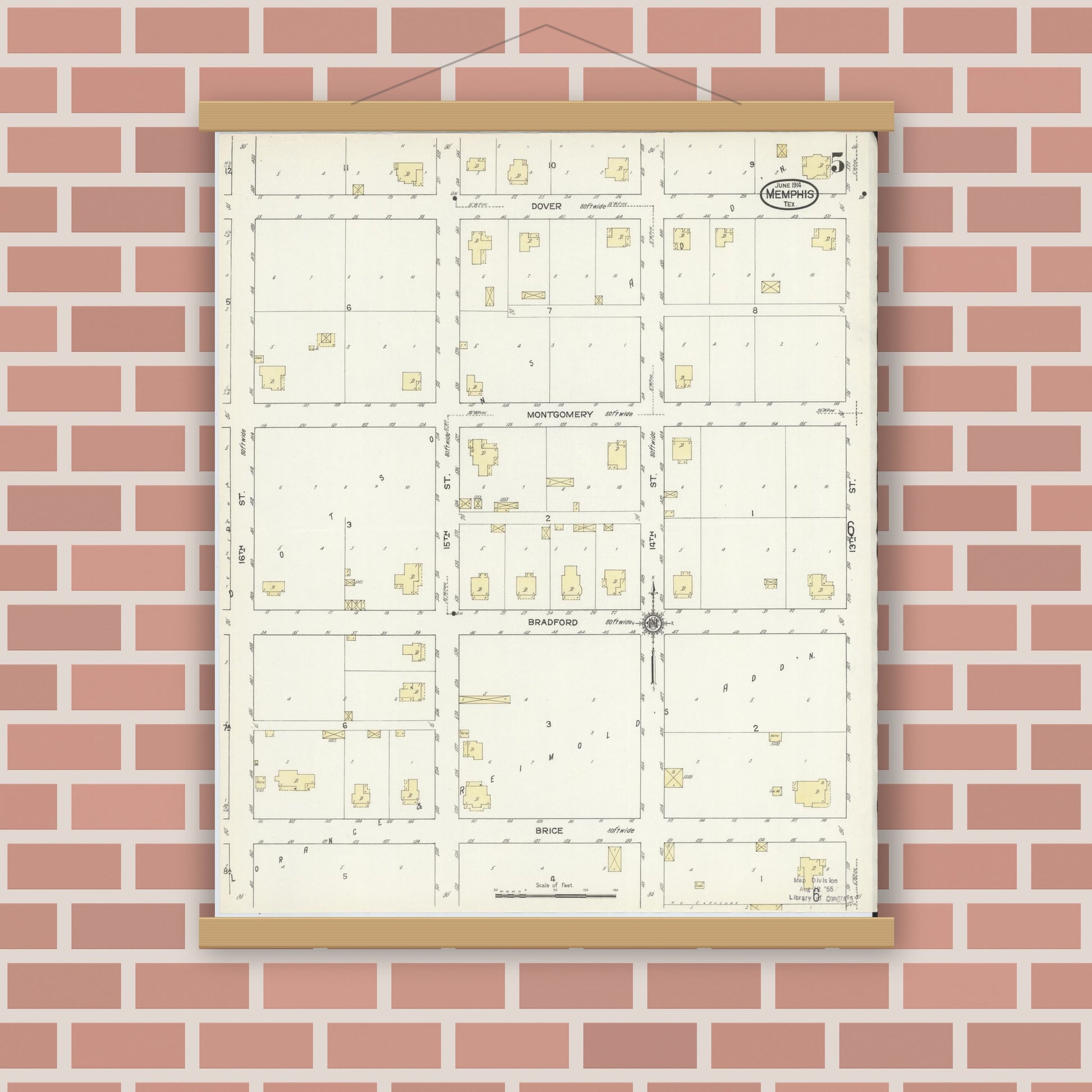 Old map wall art mockup — magnetic wood frame on brick wall — Sanborn Fire Insurance Map from Memphis, Hall County, Texas (1914), Sheet #0005
