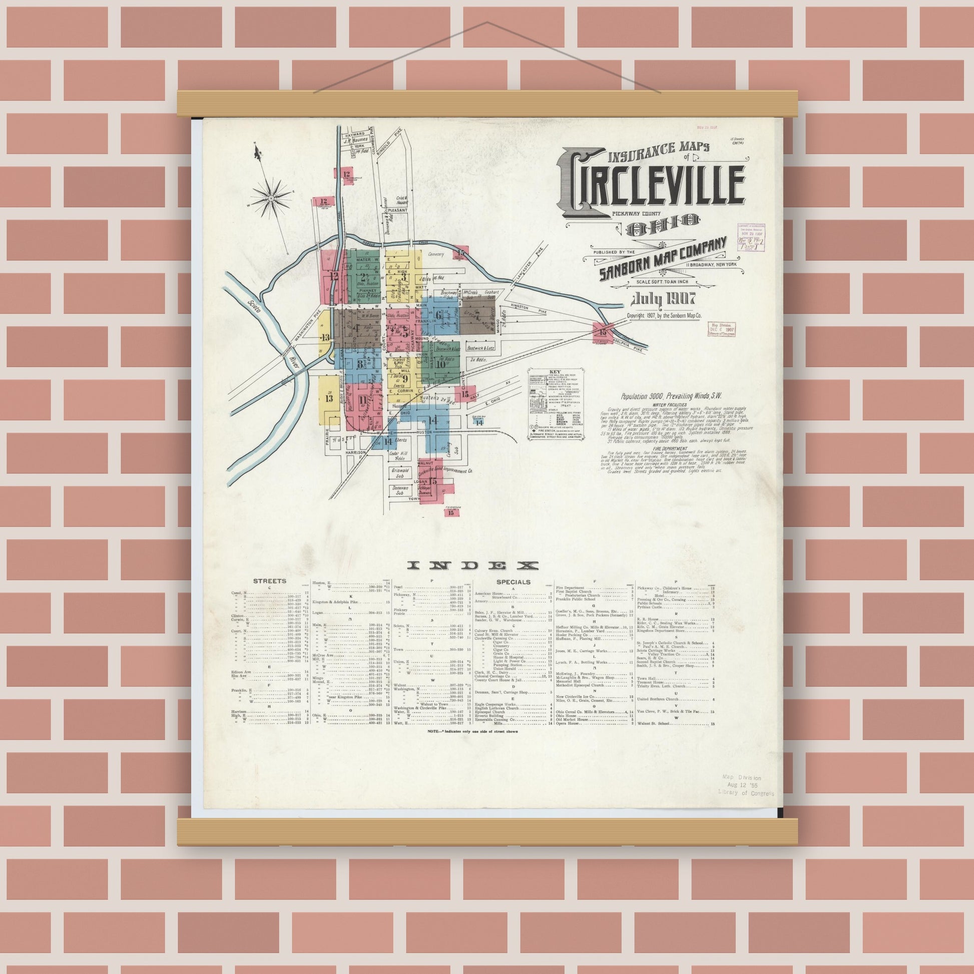 Old map wall art mockup — magnetic wood frame on brick wall — Sanborn Fire Insurance Map from Circleville, Pickaway County, Ohio (1907) - Complete Map Set