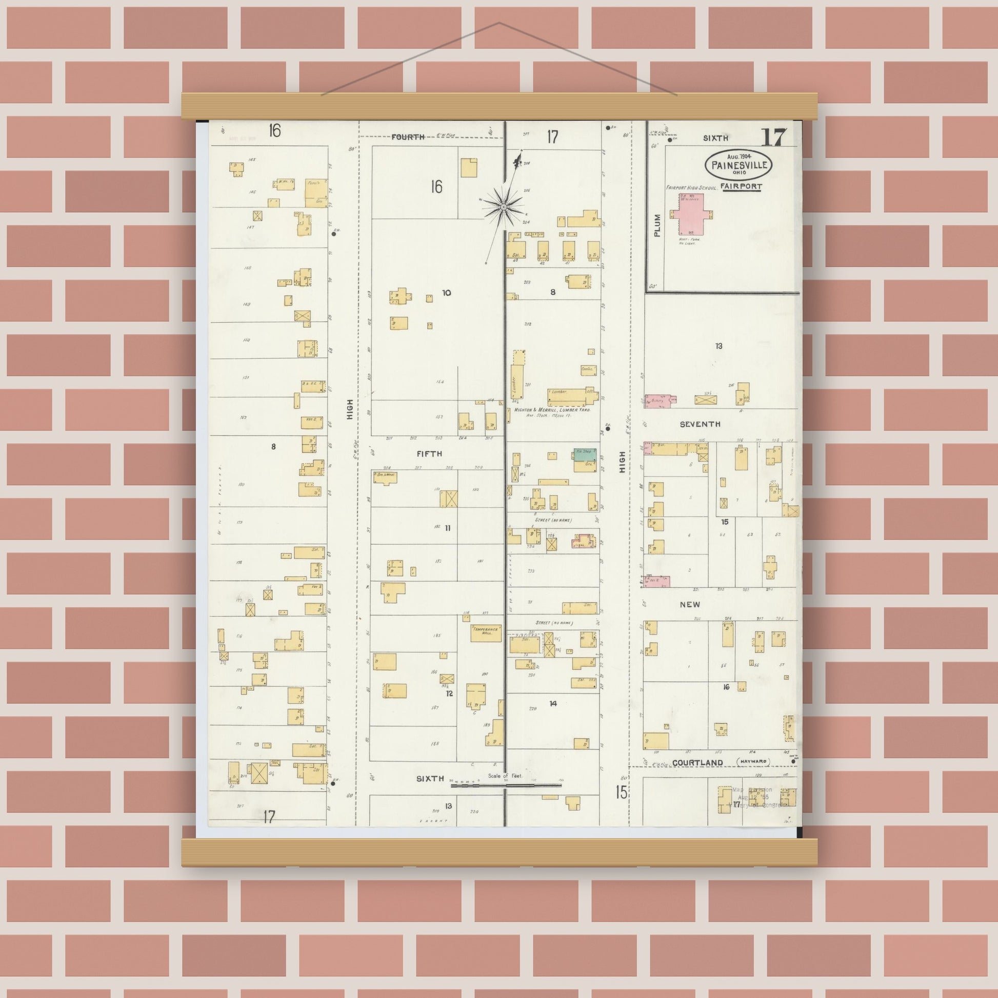 Old map wall art mockup — magnetic wood frame on brick wall — Sanborn Fire Insurance Map from Painesville, Lake County, Ohio (1904), Sheet #0017