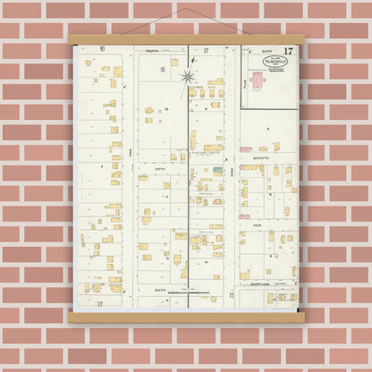 Old map wall art mockup — magnetic wood frame on brick wall — Sanborn Fire Insurance Map from Painesville, Lake County, Ohio (1904), Sheet #0017