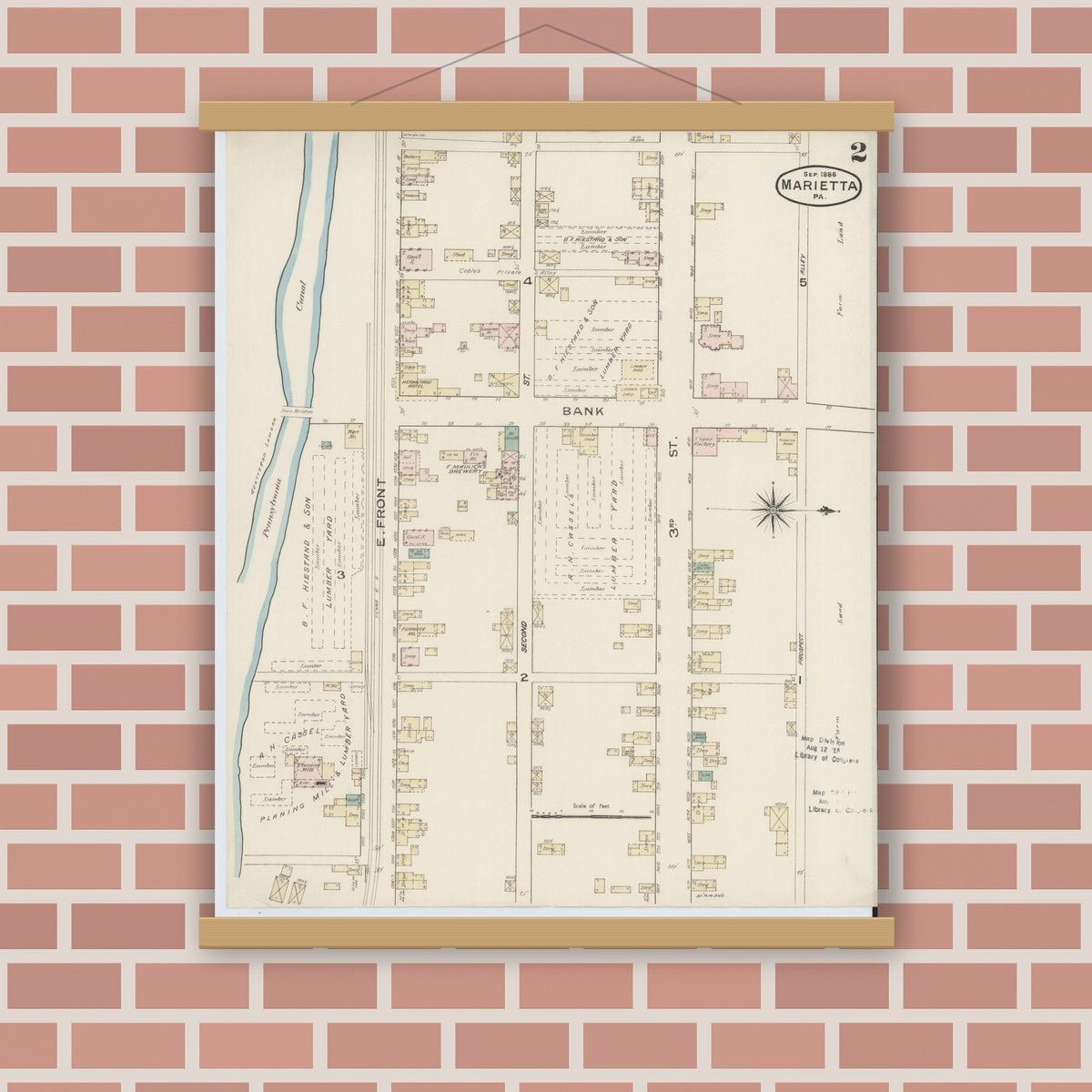 Old map wall art mockup — magnetic wood frame on brick wall — Sanborn Fire Insurance Map from Marietta, Lancaster County, Pennsylvania (1886), Sheet #0002