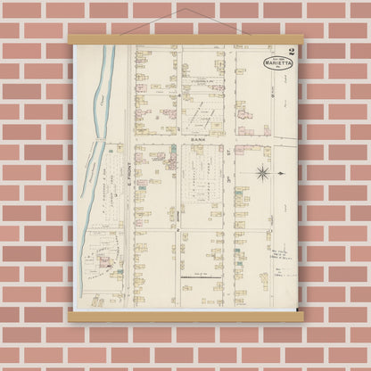 Old map wall art mockup — magnetic wood frame on brick wall — Sanborn Fire Insurance Map from Marietta, Lancaster County, Pennsylvania (1886), Sheet #0002