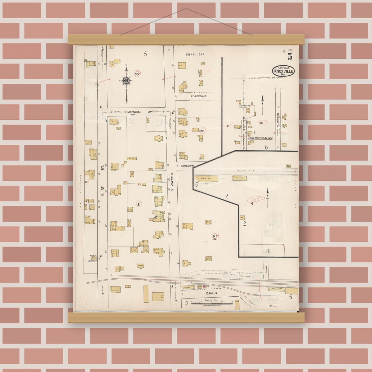 Old map wall art mockup — magnetic wood frame on brick wall — Sanborn Fire Insurance Map from Knoxville, Tioga County, Pennsylvania (1934), Sheet #0005