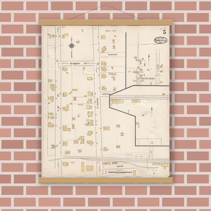 Old map wall art mockup — magnetic wood frame on brick wall — Sanborn Fire Insurance Map from Knoxville, Tioga County, Pennsylvania (1934), Sheet #0005