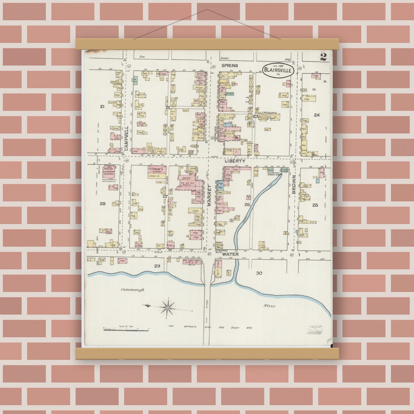 Old map wall art mockup — magnetic wood frame on brick wall — Sanborn Fire Insurance Map from Blairsville, Indiana County, Pennsylvania (1887), Sheet #0002