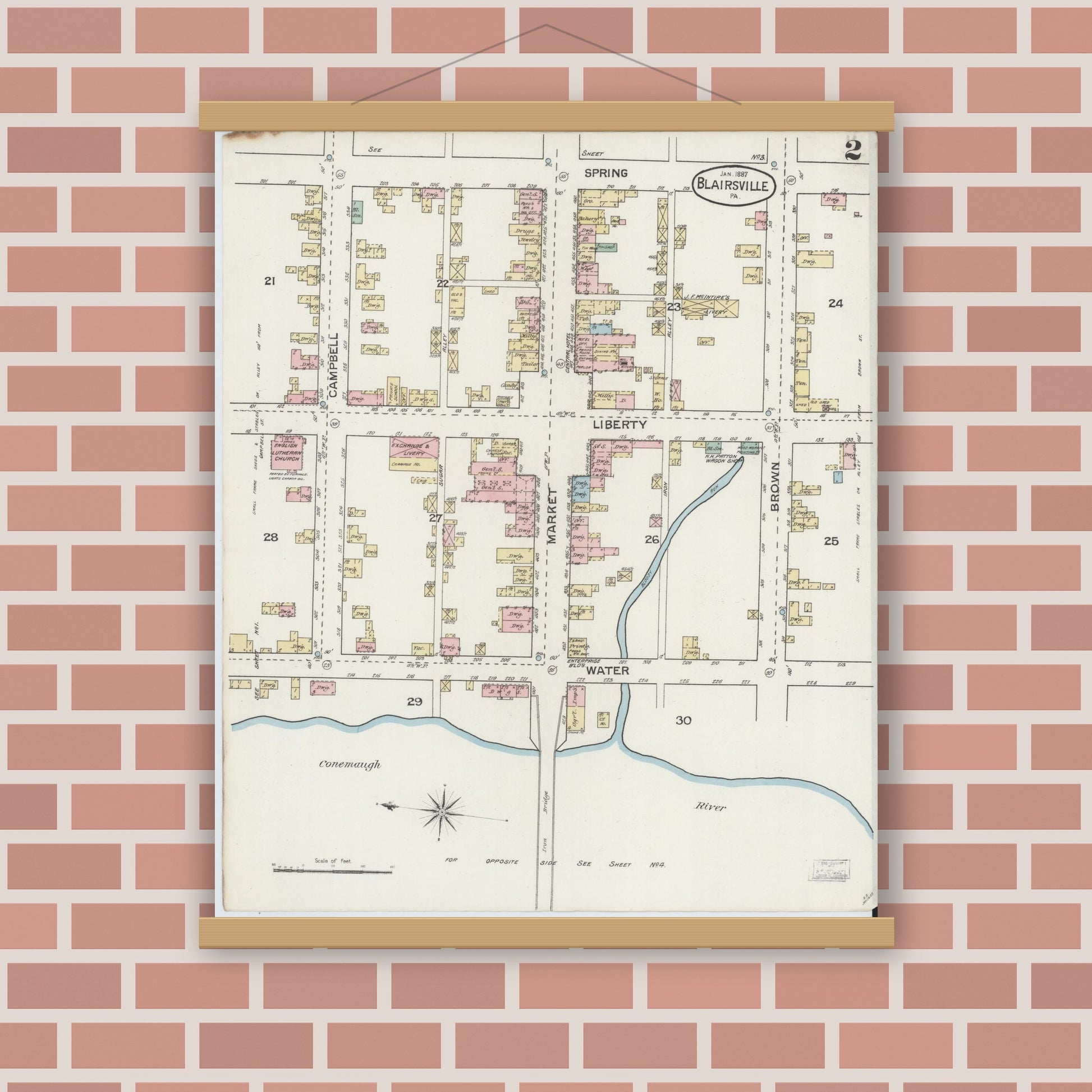 Old map wall art mockup — magnetic wood frame on brick wall — Sanborn Fire Insurance Map from Blairsville, Indiana County, Pennsylvania (1887), Sheet #0002