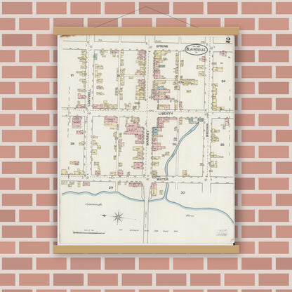 Old map wall art mockup — magnetic wood frame on brick wall — Sanborn Fire Insurance Map from Blairsville, Indiana County, Pennsylvania (1887), Sheet #0002