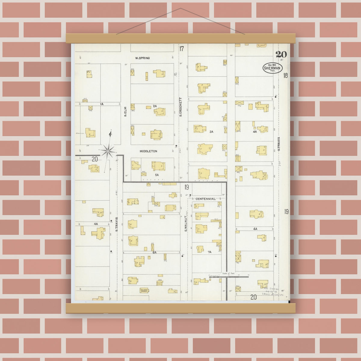 Old map wall art mockup — magnetic wood frame on brick wall — Sanborn Fire Insurance Map from Sherman, Grayson County, Texas (1902), Sheet #0020