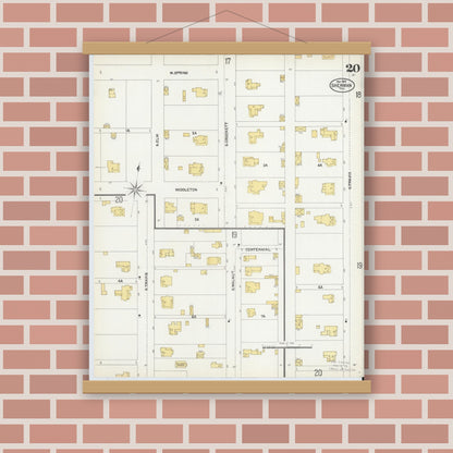 Old map wall art mockup — magnetic wood frame on brick wall — Sanborn Fire Insurance Map from Sherman, Grayson County, Texas (1902), Sheet #0020