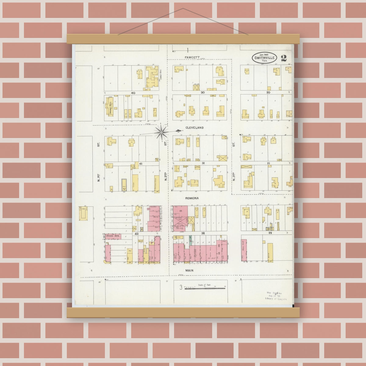 Old map wall art mockup — magnetic wood frame on brick wall — Sanborn Fire Insurance Map from Smithville, Bastrop County, Texas (1905), Sheet #0002