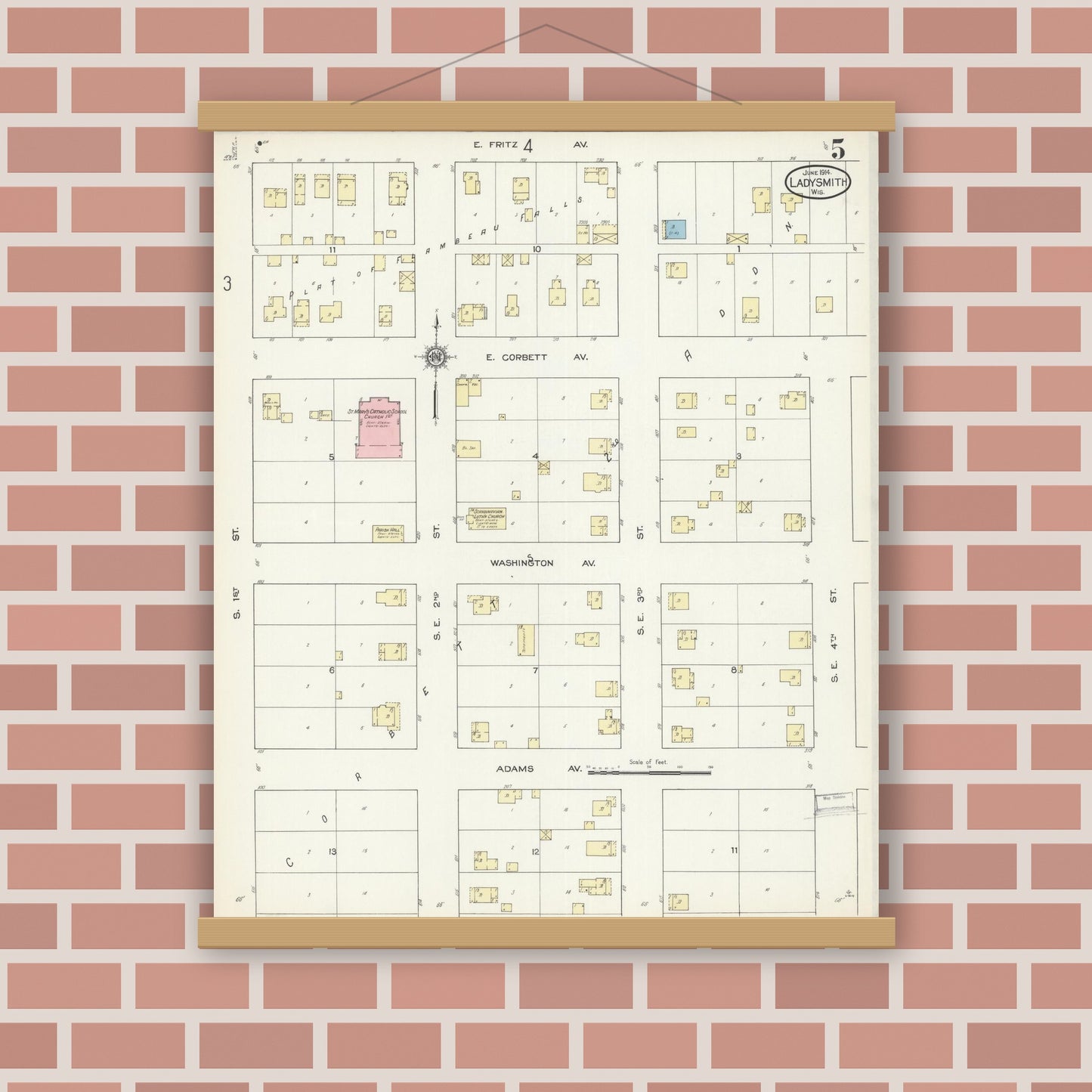 Old map wall art mockup — magnetic wood frame on brick wall — Sanborn Fire Insurance Map from Ladysmith, Rusk County, Wisconsin (1914), Sheet #0005
