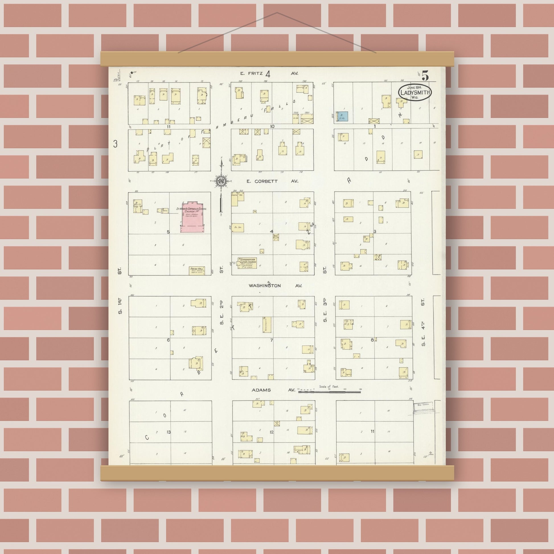 Old map wall art mockup — magnetic wood frame on brick wall — Sanborn Fire Insurance Map from Ladysmith, Rusk County, Wisconsin (1914), Sheet #0005