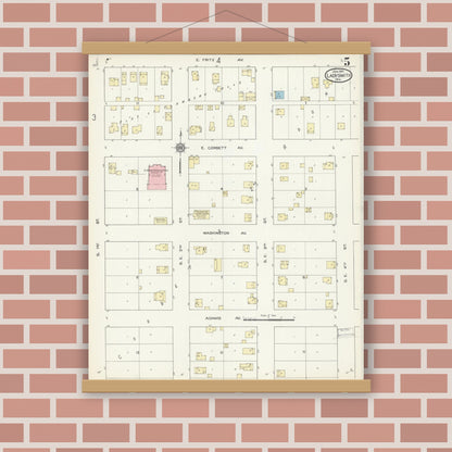 Old map wall art mockup — magnetic wood frame on brick wall — Sanborn Fire Insurance Map from Ladysmith, Rusk County, Wisconsin (1914), Sheet #0005