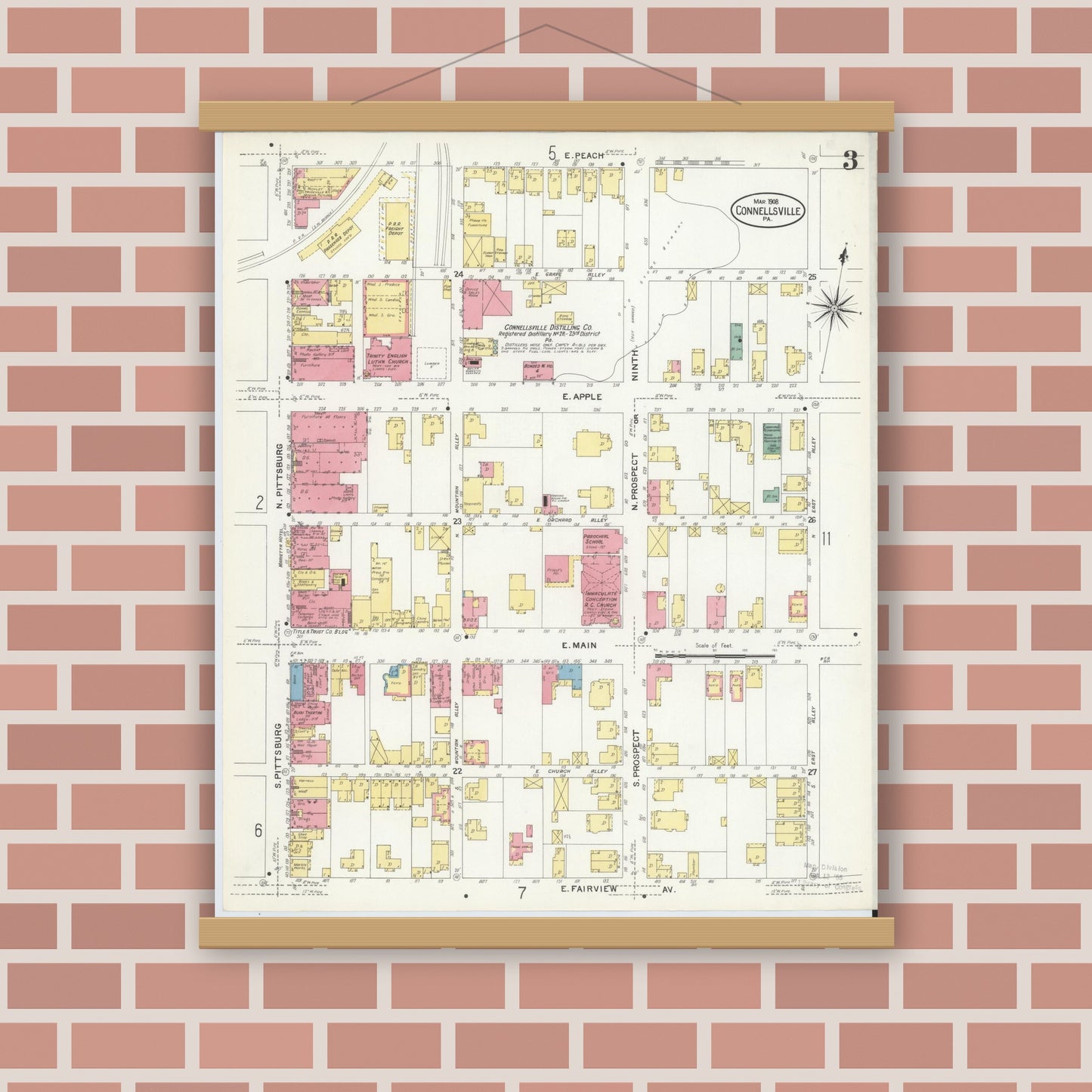 Old map wall art mockup — magnetic wood frame on brick wall — Sanborn Fire Insurance Map from Connellsville, Fayette County, Pennsylvania (1908), Sheet #0003