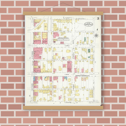 Old map wall art mockup — magnetic wood frame on brick wall — Sanborn Fire Insurance Map from Connellsville, Fayette County, Pennsylvania (1908), Sheet #0003