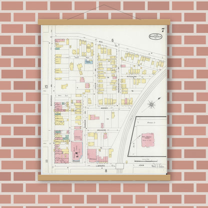 Old map wall art mockup — magnetic wood frame on brick wall — Sanborn Fire Insurance Map from Braddock, Allegheny County, Pennsylvania (1896), Sheet #0007