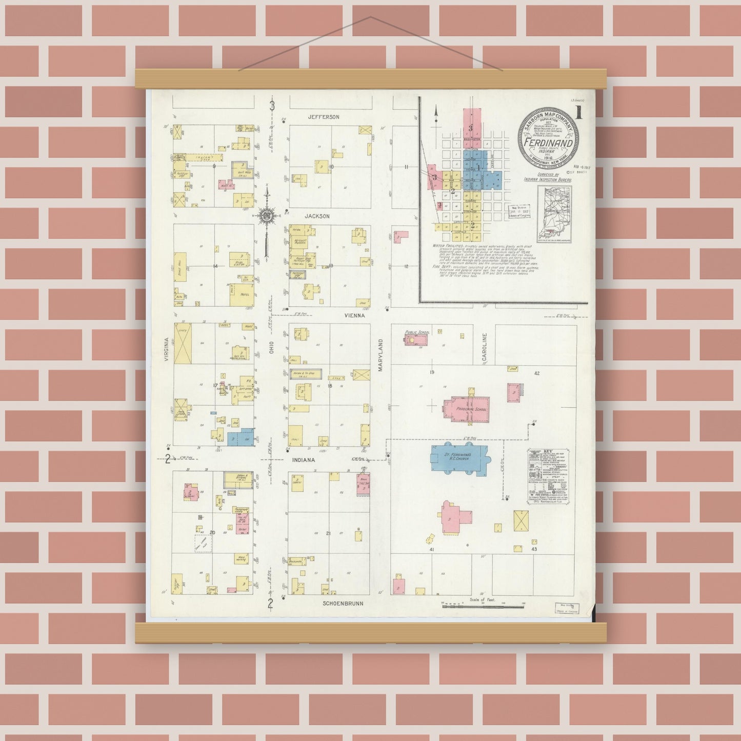Old map wall art mockup — magnetic wood frame on brick wall — Sanborn Fire Insurance Map from Ferdinand, Dubois County, Indiana (1916) - Complete Map Set