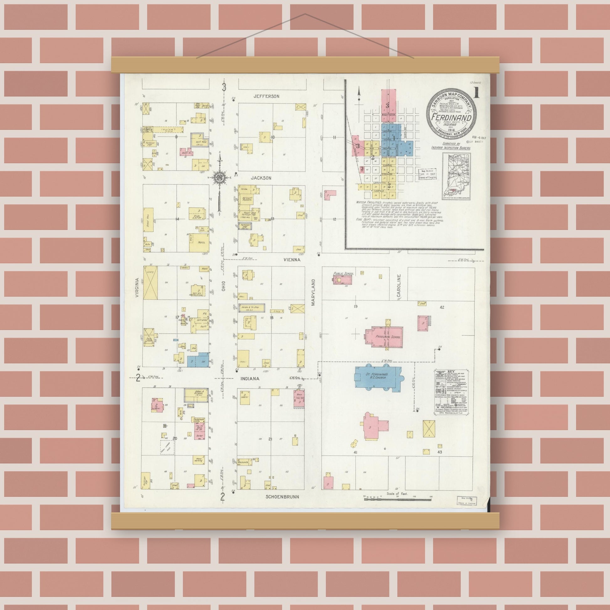 Old map wall art mockup — magnetic wood frame on brick wall — Sanborn Fire Insurance Map from Ferdinand, Dubois County, Indiana (1916) - Complete Map Set