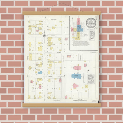 Old map wall art mockup — magnetic wood frame on brick wall — Sanborn Fire Insurance Map from Ferdinand, Dubois County, Indiana (1916) - Complete Map Set