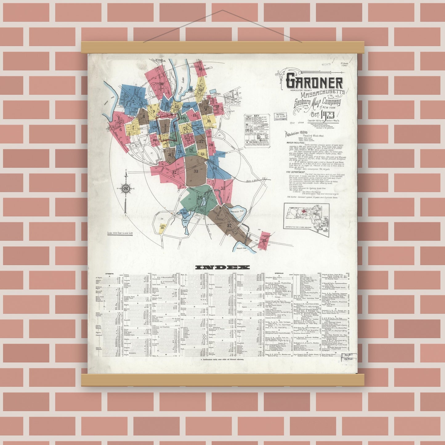 Old map wall art mockup — magnetic wood frame on brick wall — Sanborn Fire Insurance Map from Gardner, Worcester County, Massachusetts (1923) - Complete Map Set