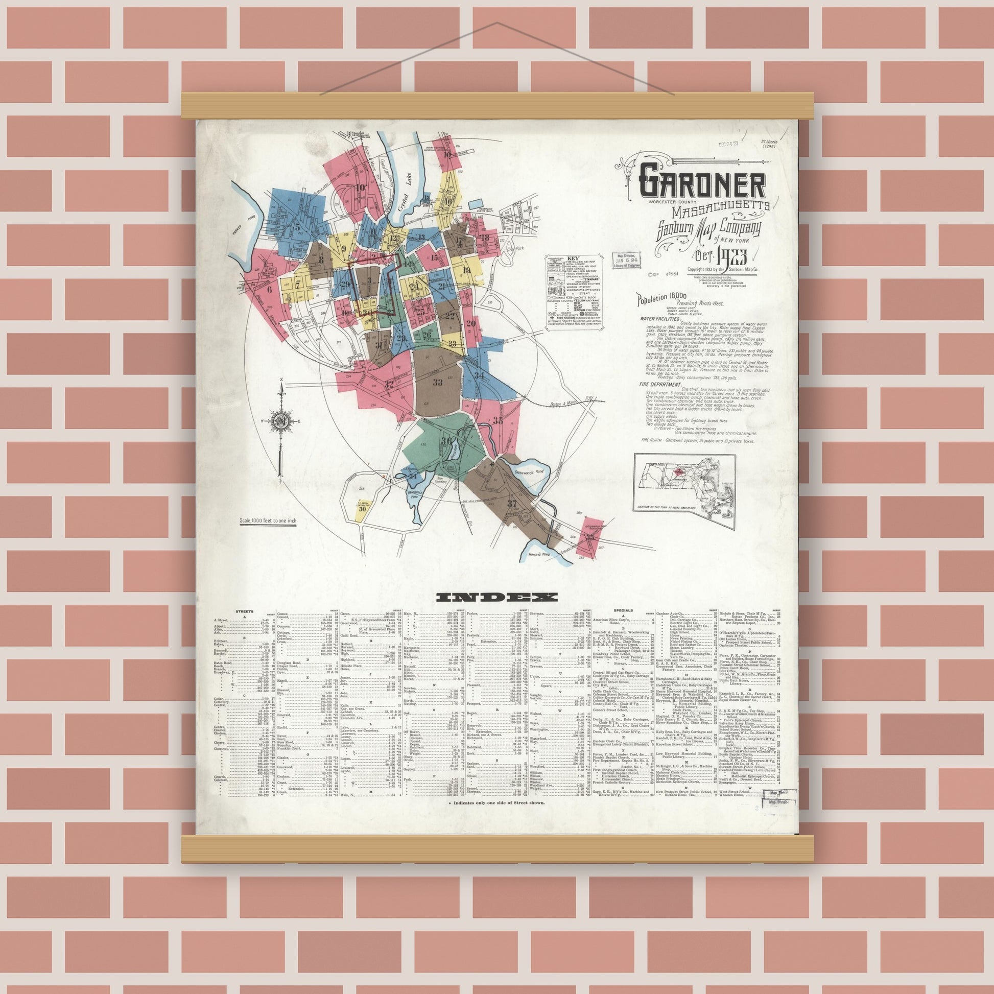 Old map wall art mockup — magnetic wood frame on brick wall — Sanborn Fire Insurance Map from Gardner, Worcester County, Massachusetts (1923) - Complete Map Set