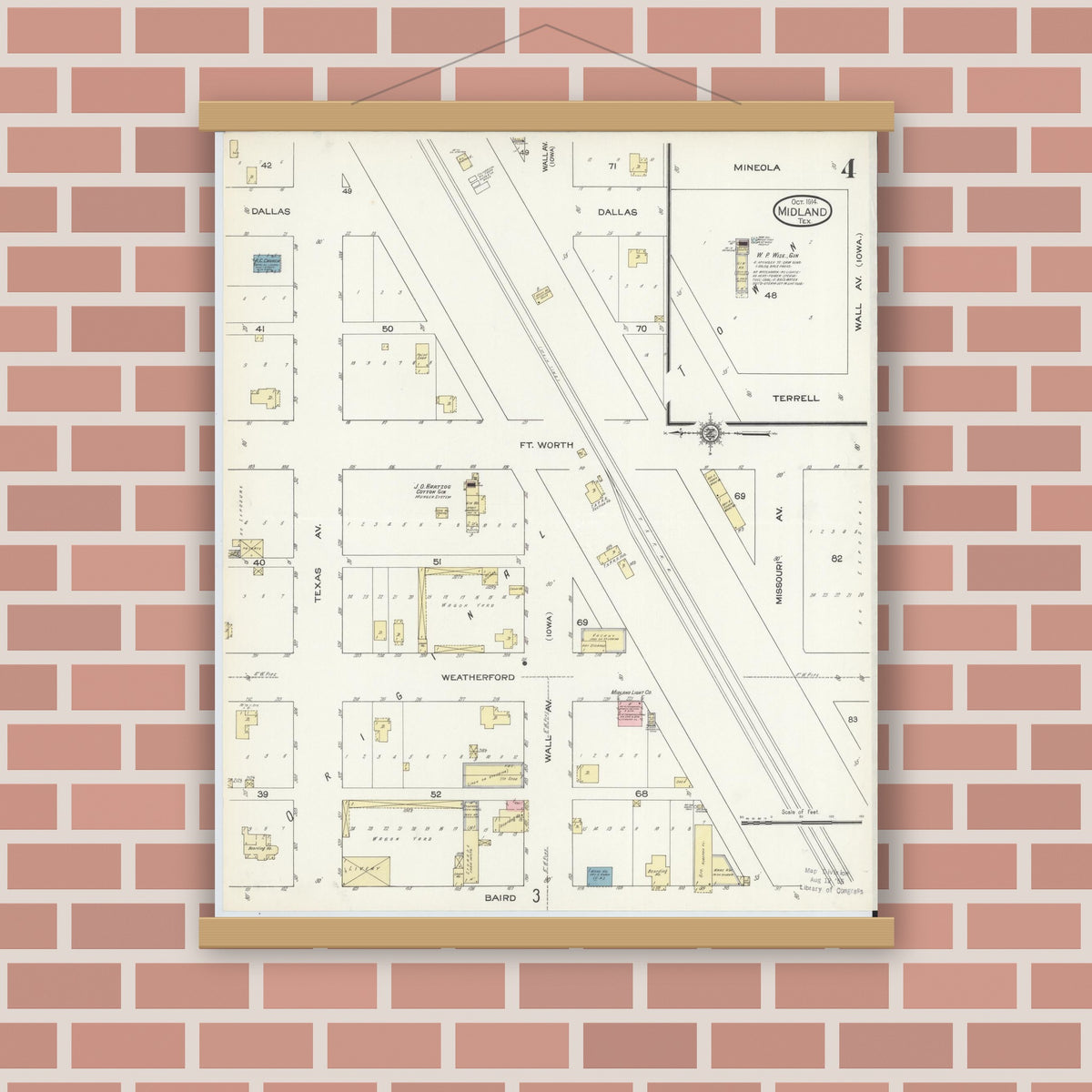 Old map wall art mockup — magnetic wood frame on brick wall — Sanborn Fire Insurance Map from Midland, Midland County, Texas (1914), Sheet #0004