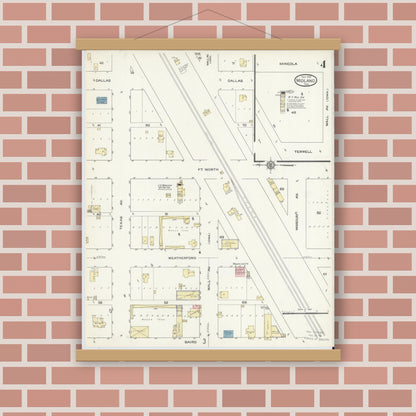 Old map wall art mockup — magnetic wood frame on brick wall — Sanborn Fire Insurance Map from Midland, Midland County, Texas (1914), Sheet #0004