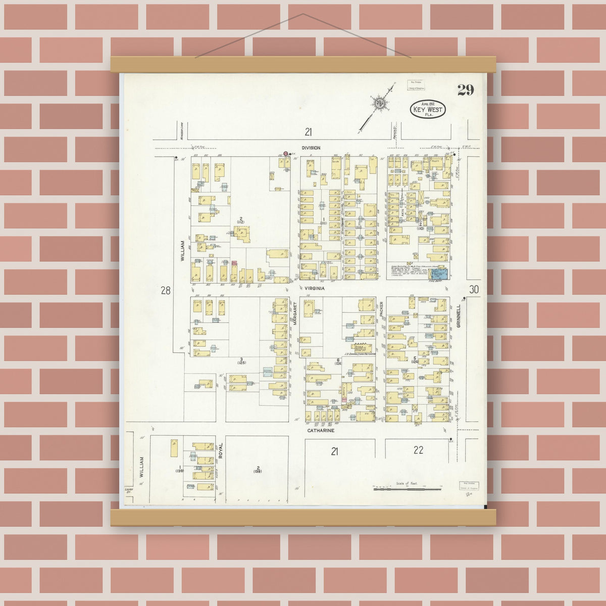 Old map wall art mockup — magnetic wood frame on brick wall — Sanborn Fire Insurance Map from Key West, Monroe County, Florida (1912), Sheet #0029