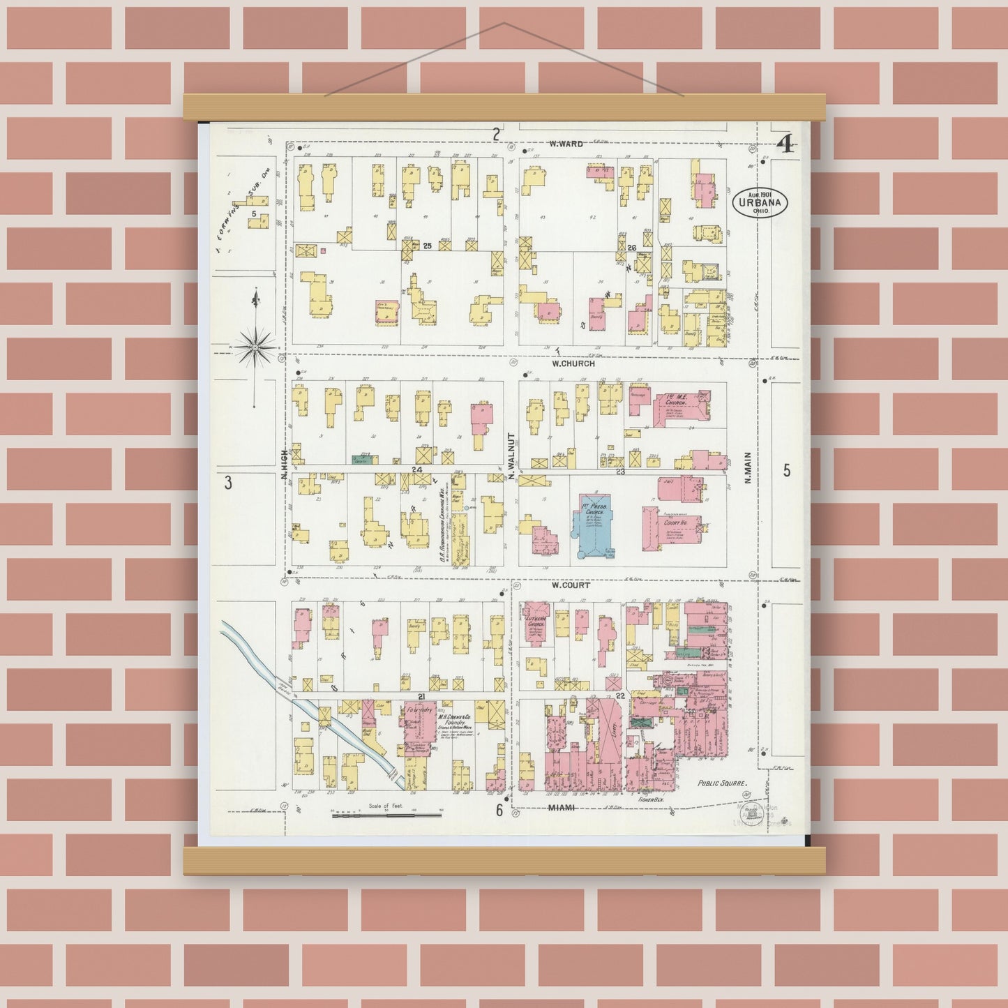 Old map wall art mockup — magnetic wood frame on brick wall — Sanborn Fire Insurance Map from Urbana, Champaign County, Ohio (1901), Sheet #0004