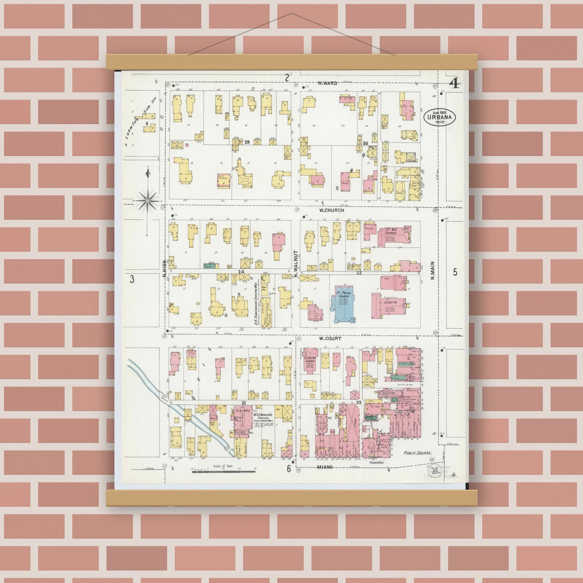Old map wall art mockup — magnetic wood frame on brick wall — Sanborn Fire Insurance Map from Urbana, Champaign County, Ohio (1901), Sheet #0004