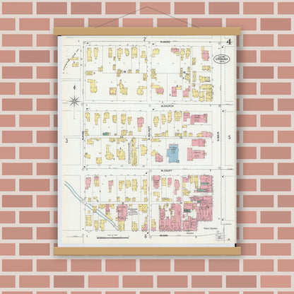 Old map wall art mockup — magnetic wood frame on brick wall — Sanborn Fire Insurance Map from Urbana, Champaign County, Ohio (1901), Sheet #0004