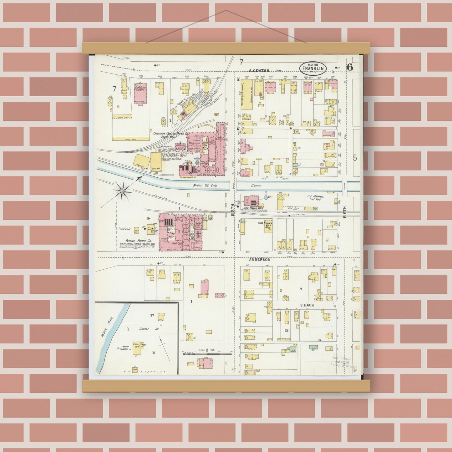 Old map wall art mockup — magnetic wood frame on brick wall — Sanborn Fire Insurance Map from Franklin, Warren County, Ohio (1898), Sheet #0006