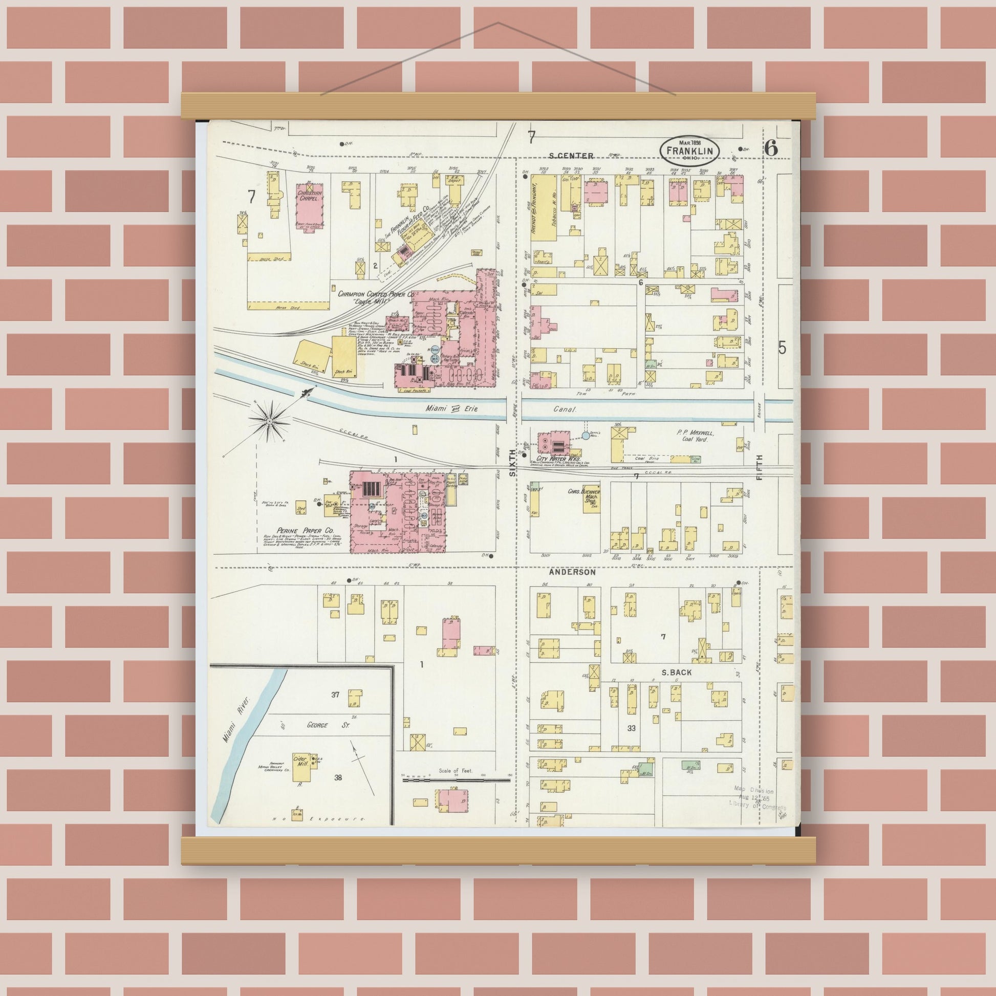 Old map wall art mockup — magnetic wood frame on brick wall — Sanborn Fire Insurance Map from Franklin, Warren County, Ohio (1898), Sheet #0006
