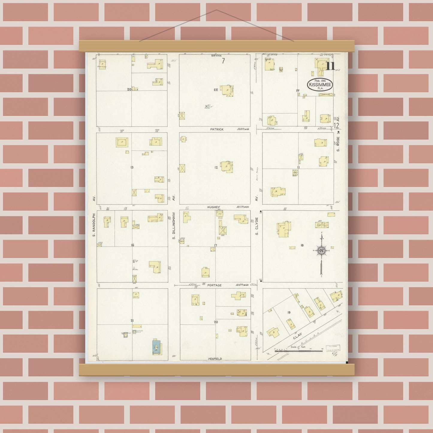 Old map wall art mockup — magnetic wood frame on brick wall — Sanborn Fire Insurance Map from Kissimmee, Osceola County, Florida (1914), Sheet #0011
