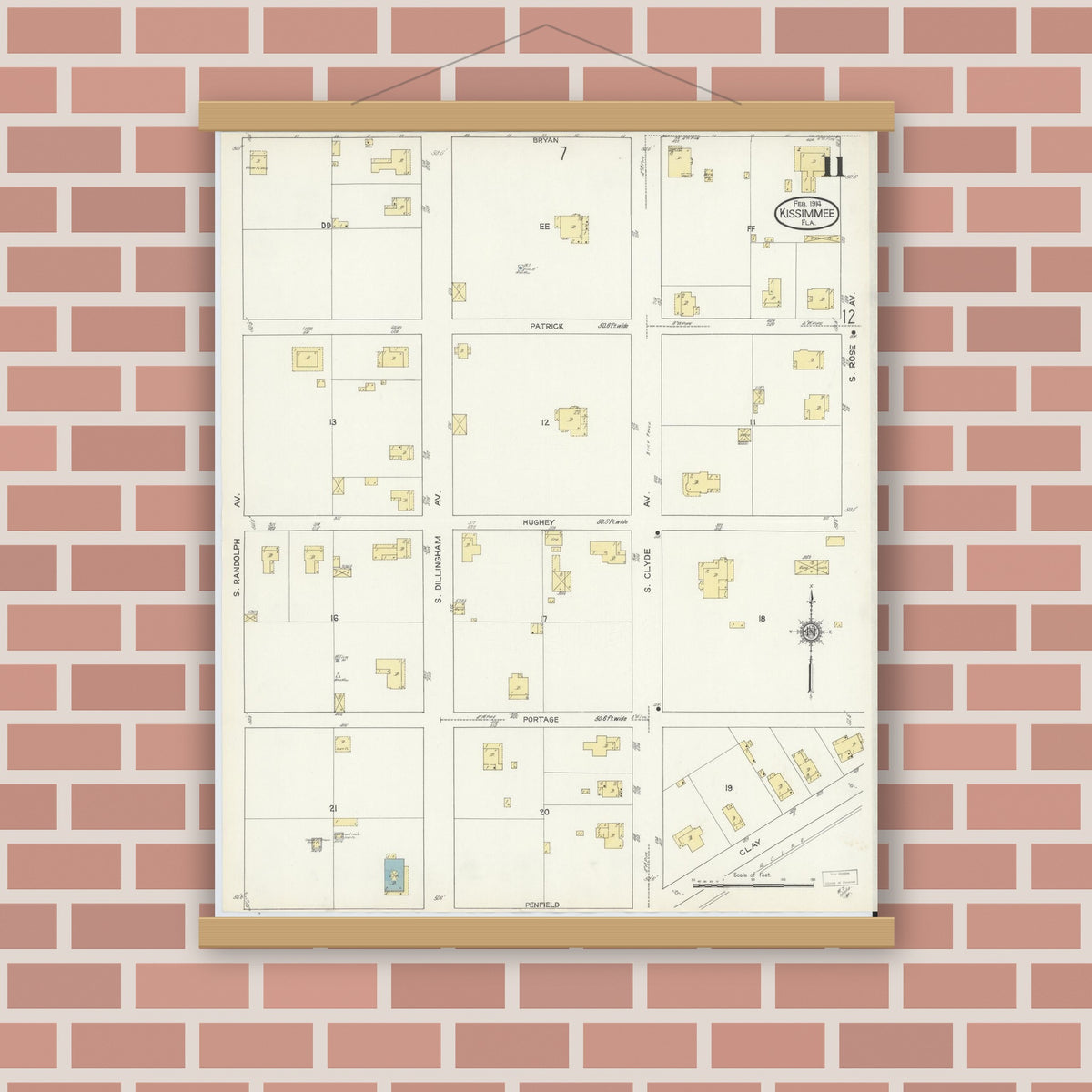 Old map wall art mockup — magnetic wood frame on brick wall — Sanborn Fire Insurance Map from Kissimmee, Osceola County, Florida (1914), Sheet #0011