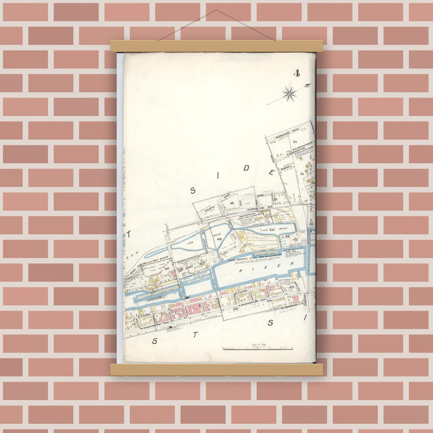 Old map wall art mockup — magnetic wood frame on brick wall — Sanborn Fire Insurance Map from Saginaw, Saginaw County, Michigan (1895), Sheet #0004