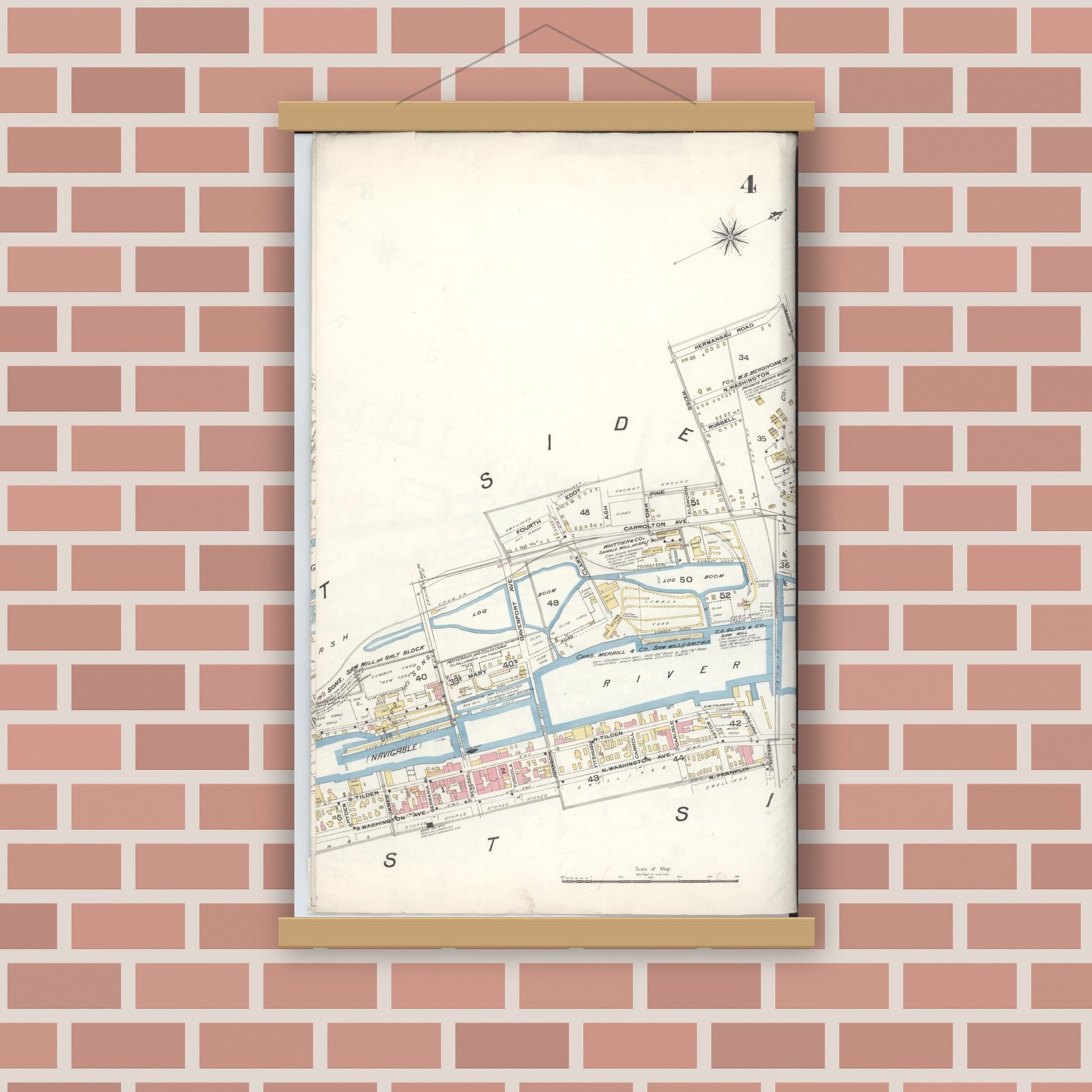Old map wall art mockup — magnetic wood frame on brick wall — Sanborn Fire Insurance Map from Saginaw, Saginaw County, Michigan (1895), Sheet #0004