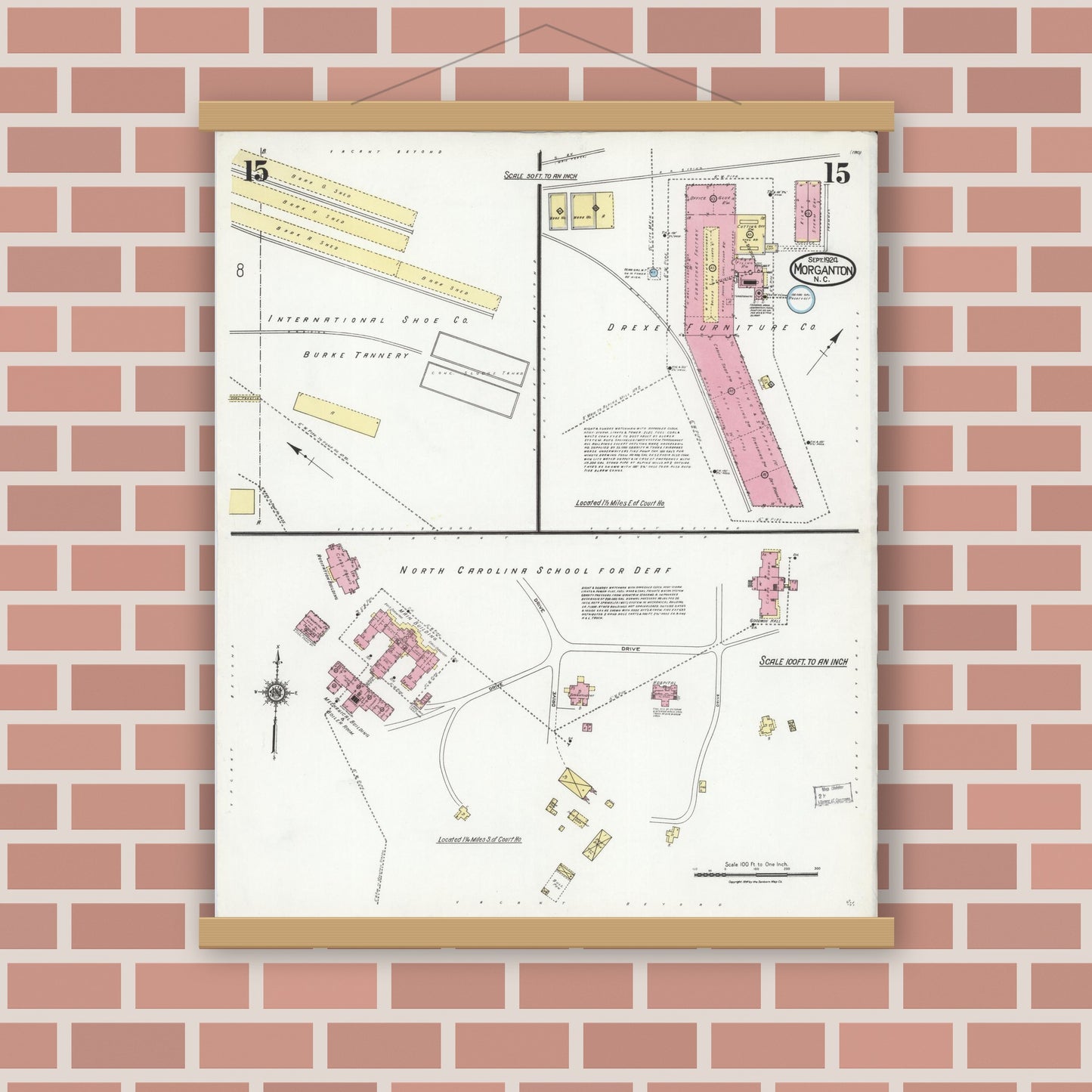 Old map wall art mockup — magnetic wood frame on brick wall — Sanborn Fire Insurance Map from Morganton, Burke County, North Carolina (1924), Sheet #0015