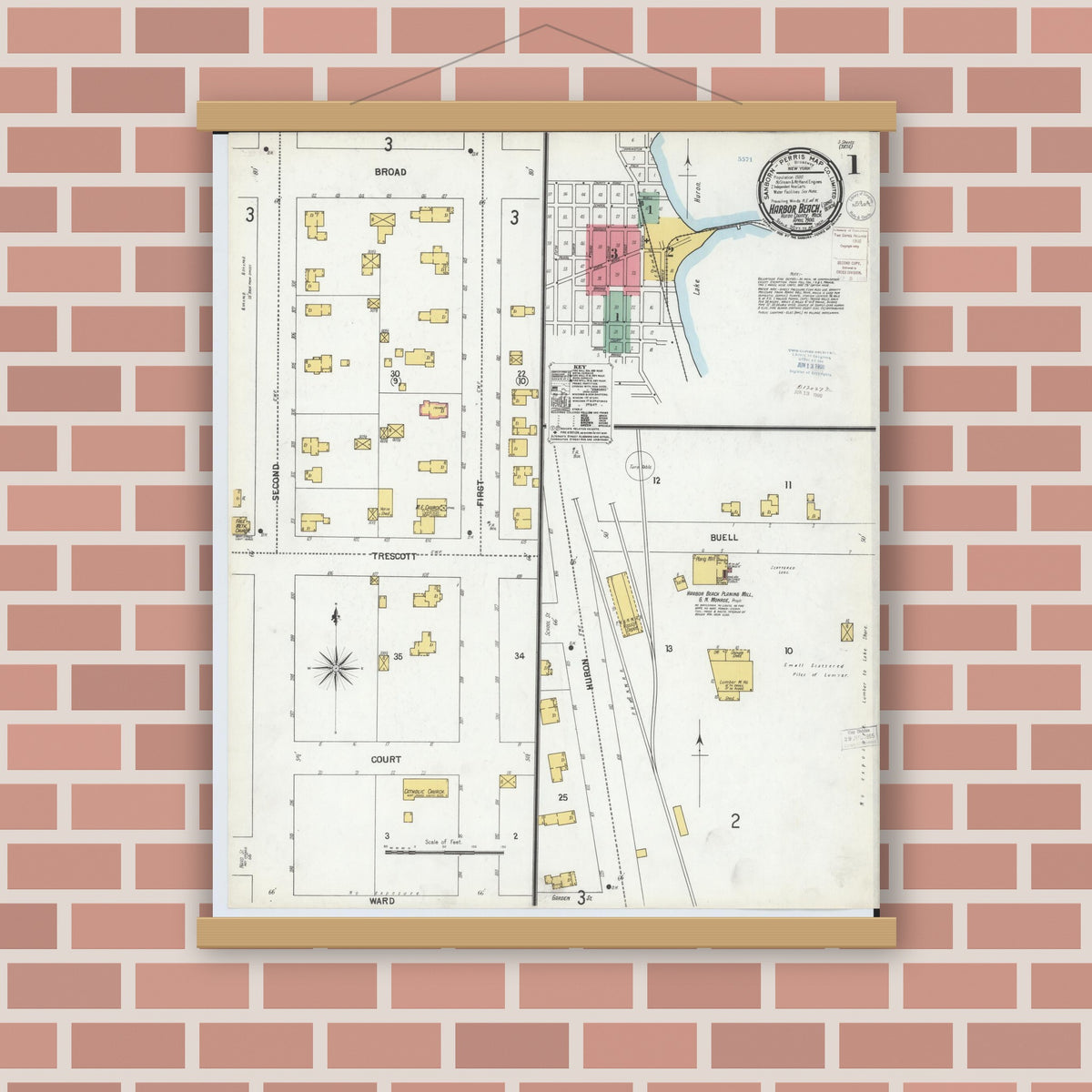 Old map wall art mockup — magnetic wood frame on brick wall — Sanborn Fire Insurance Map from Harbor Beach, Huron County, Michigan (1900), Sheet #0001