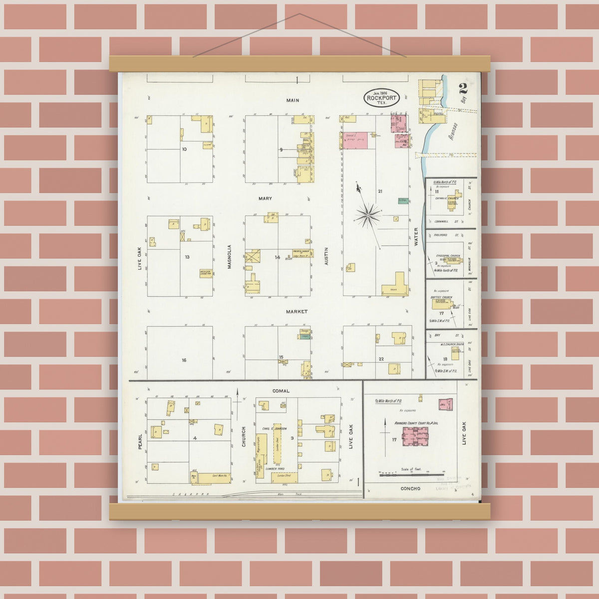 Old map wall art mockup — magnetic wood frame on brick wall — Sanborn Fire Insurance Map from Rockport, Aransas County, Texas (1906), Sheet #0002