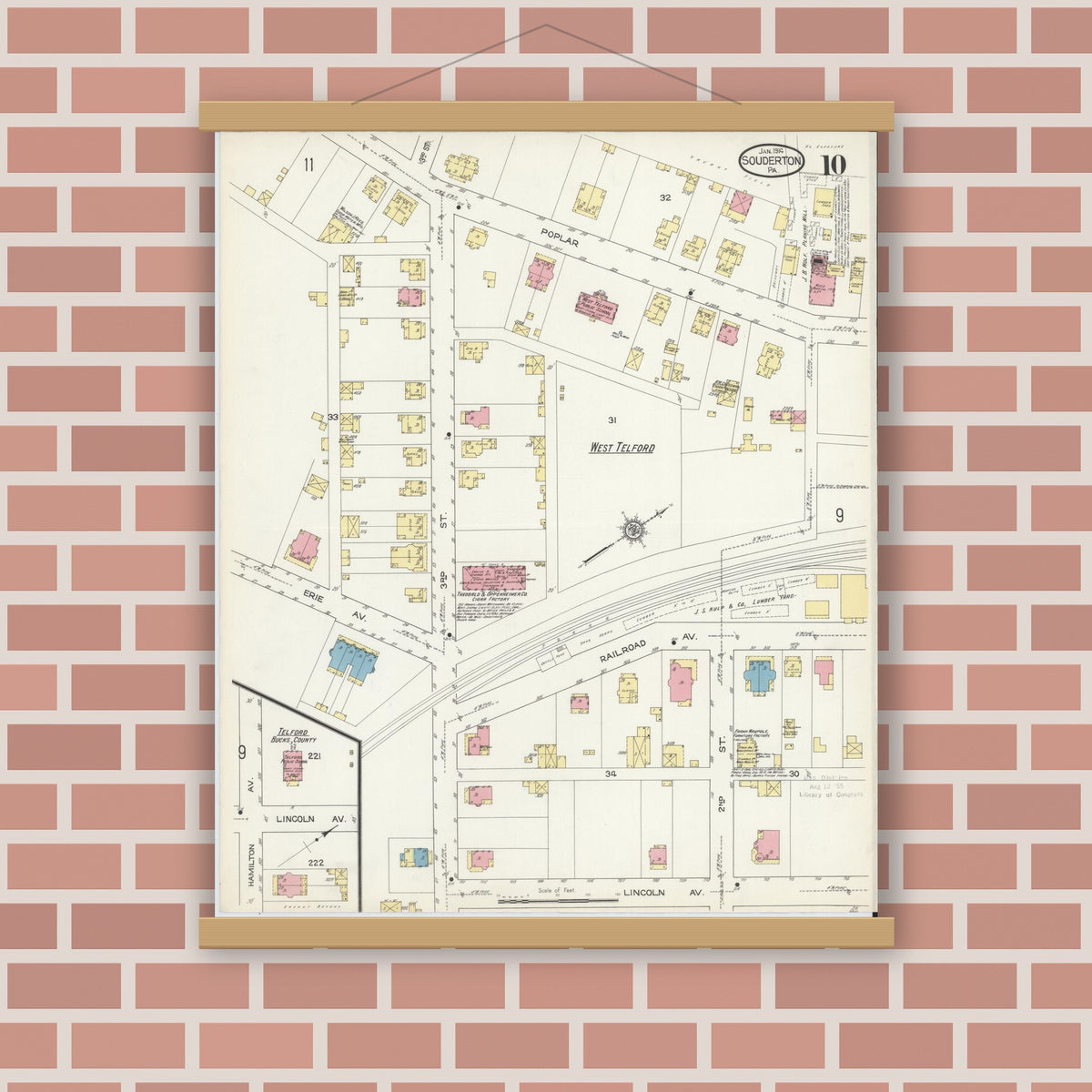 Old map wall art mockup — magnetic wood frame on brick wall — Sanborn Fire Insurance Map from Souderton, Montgomery County, Pennsylvania (1914), Sheet #0010