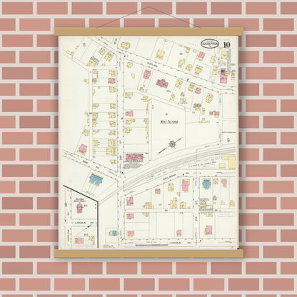 Old map wall art mockup — magnetic wood frame on brick wall — Sanborn Fire Insurance Map from Souderton, Montgomery County, Pennsylvania (1914), Sheet #0010