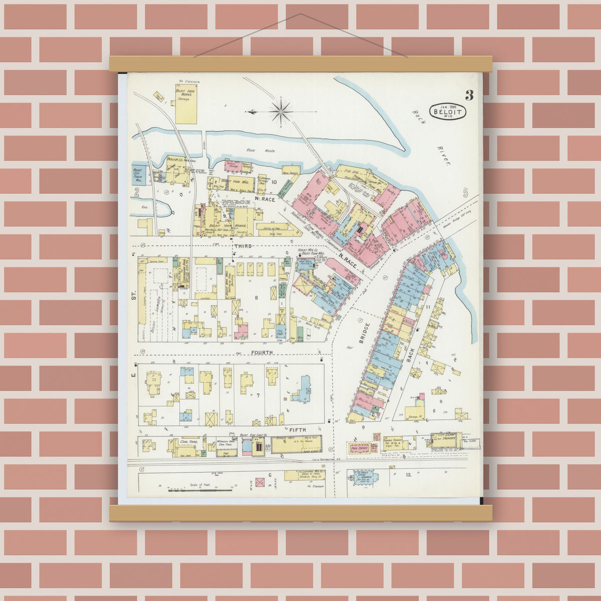 Old map wall art mockup — magnetic wood frame on brick wall — Sanborn Fire Insurance Map from Beloit, Rock County, Wisconsin (1895), Sheet #0003